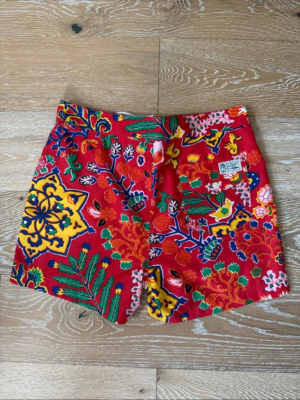 Men's Red Floral Swim Shorts with Drawstring Waist